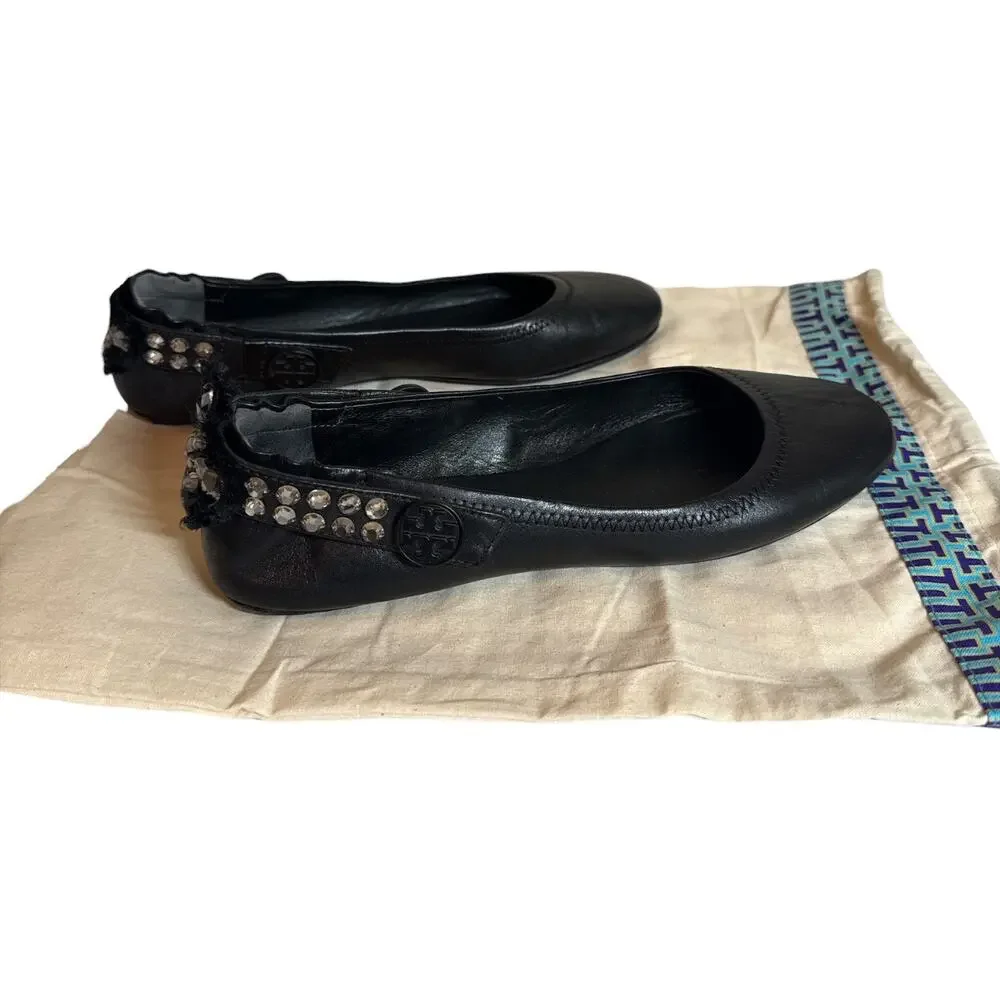 Tory Burch Black Leather Crystal Convertible Mary Jane Ballet Flats Size 8 EUC